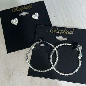 RAPHAEL EARRINGS TWO PAIR NEW ON CARD HEART STUDS AND HOOPS